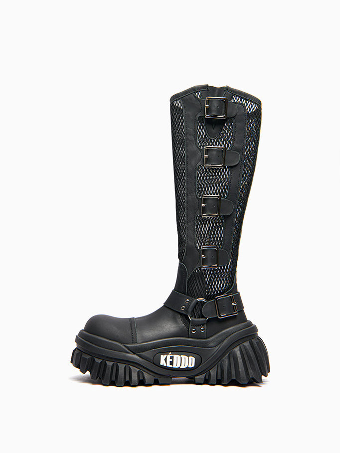 KEDDO KEYBOARD mesh buckle platform boots in BLACK — single side profile with mesh shaft and five buckles.