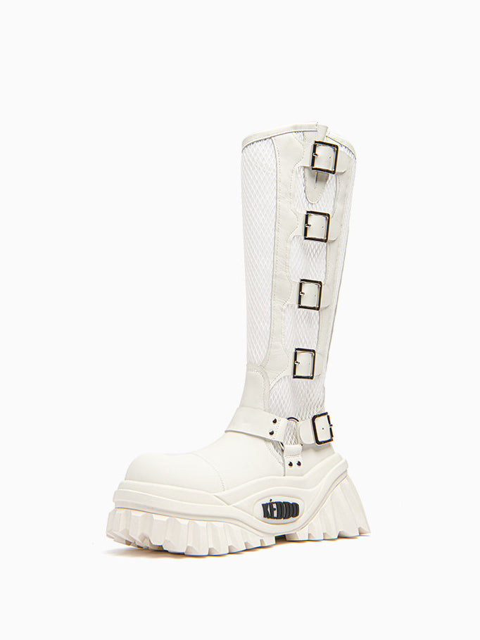 KEDDO KEYBOARD mesh buckle platform boots in OFF WHITE — front three-quarter single-boot view.