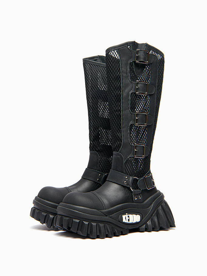 KEDDO KEYBOARD mesh buckle platform boots in BLACK — three-quarter pair view.