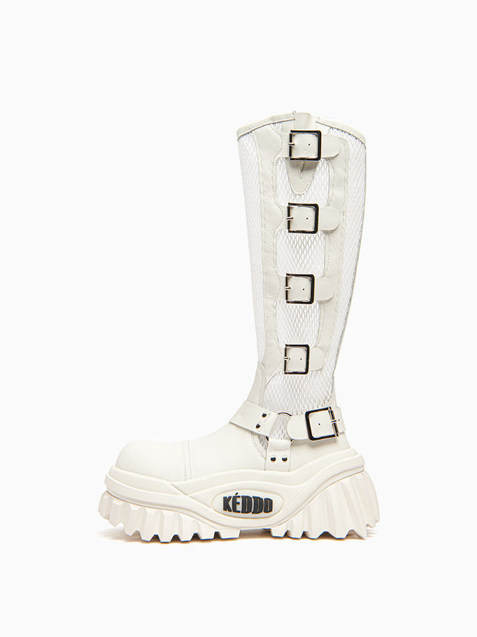 KEDDO KEYBOARD mesh buckle platform boots in OFF WHITE — single side profile with mesh shaft and five buckles.