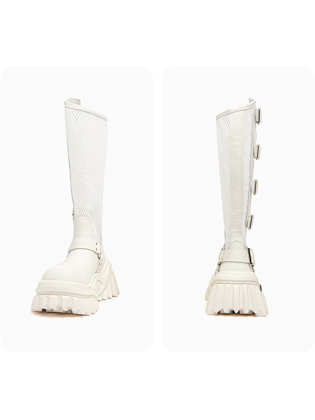 KEDDO KEYBOARD mesh buckle platform boots in OFF WHITE — front and rear views of the mesh shaft.