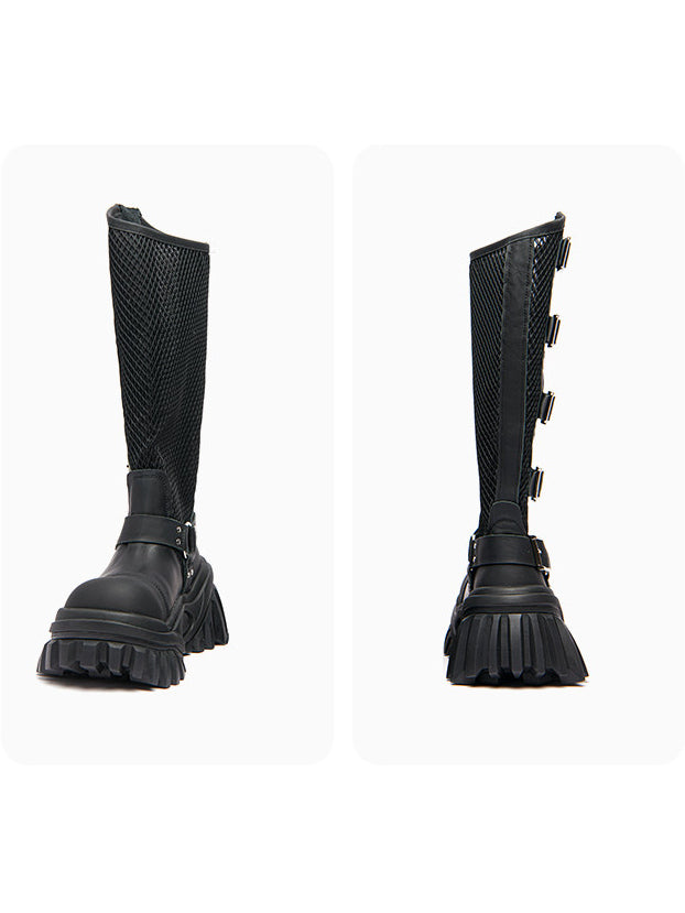 KEDDO KEYBOARD mesh buckle platform boots in BLACK — front and rear views of the mesh shaft.