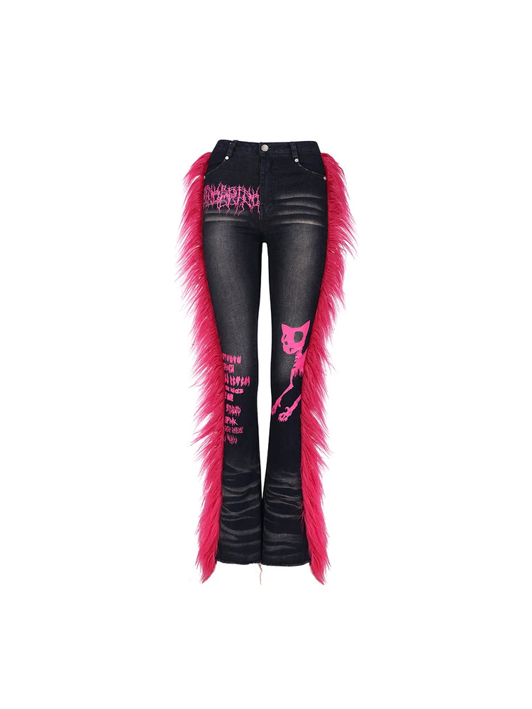 PINKSPINK BARBIE faux-fur flared jeans in PINK — garment-only front view.
