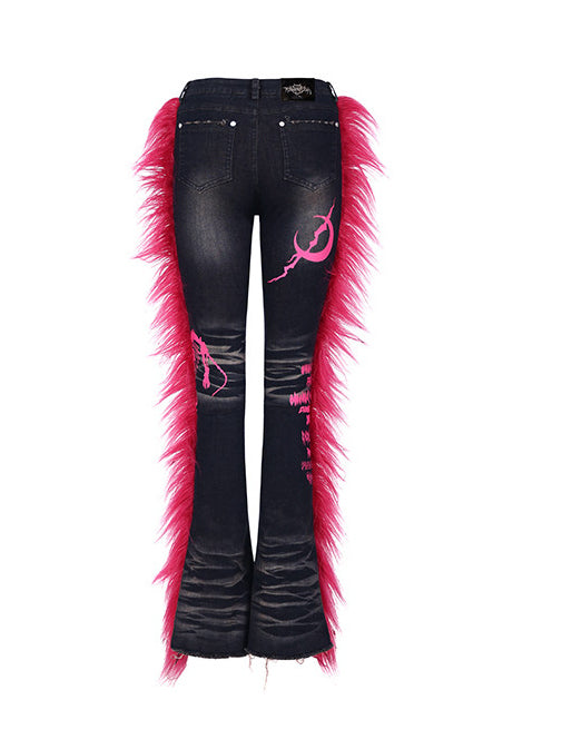 PINKSPINK BARBIE faux-fur flared jeans in PINK — garment-only rear view.