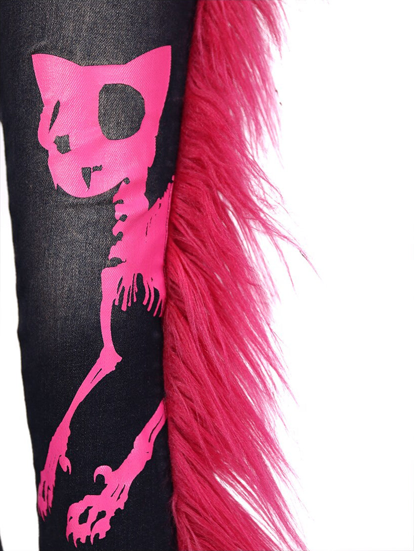PINKSPINK BARBIE faux-fur flared jeans in PINK — pink skeleton-cat print and faux-fur detail.