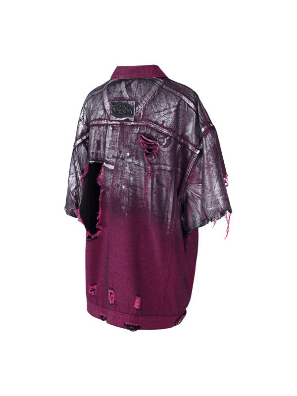 PINKSPINK silver-coated distressed denim jacket in WASTELAND PINK — garment-only rear view.