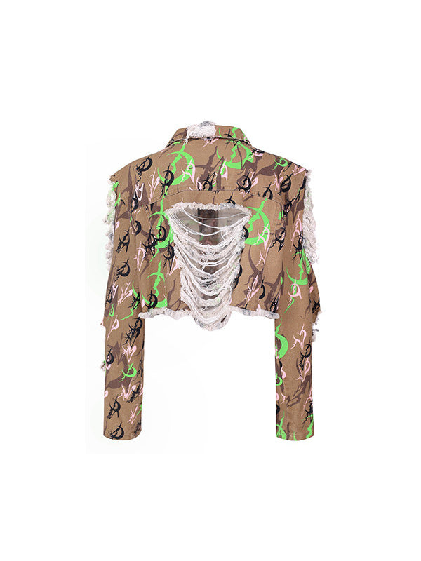PINKSPINK ELECTRIC MOON distressed camo cropped jacket in CAMOUFLAGE — garment-only back view.