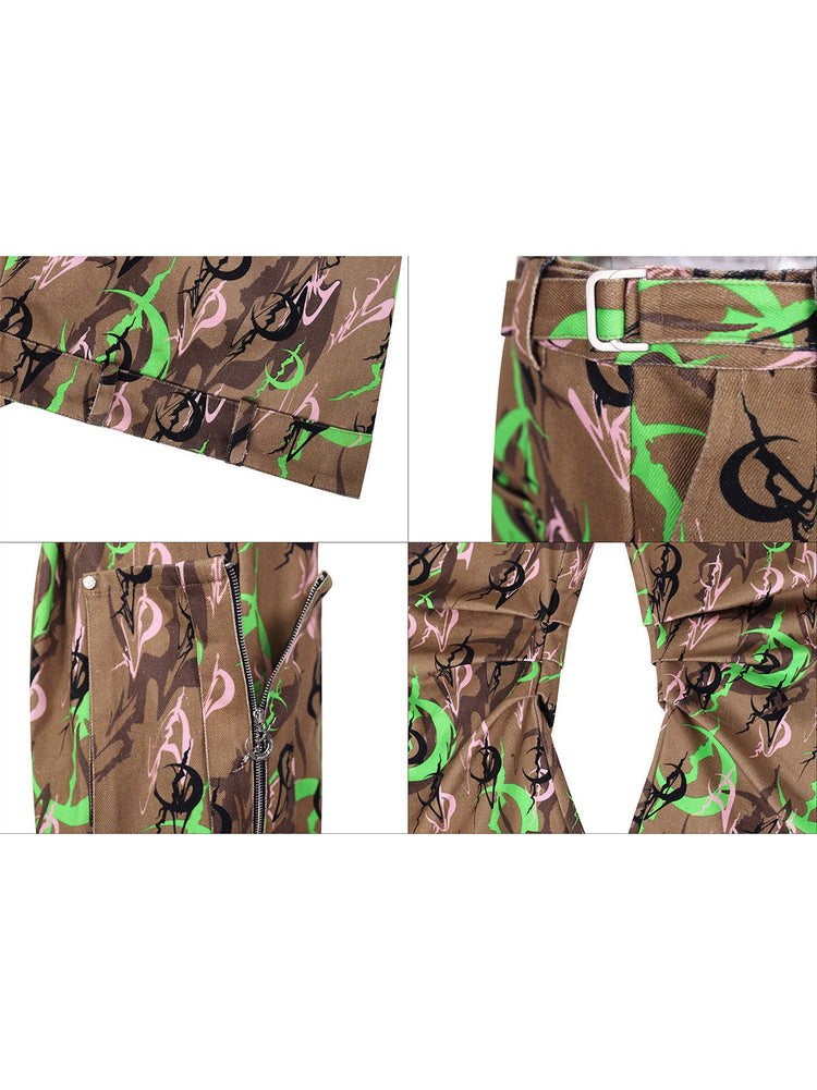 PINKSPINK ELECTRIC MOON sculpted camo cargo trousers in CAMOUFLAGE — four-panel print,waist-adjuster,zipper and sculpted-pocket details.