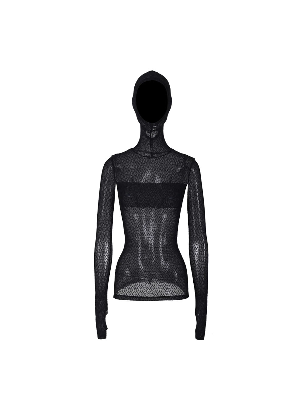 PINKSPINK ELECTRIC MOON hooded mesh top in BLACK — garment-only front.