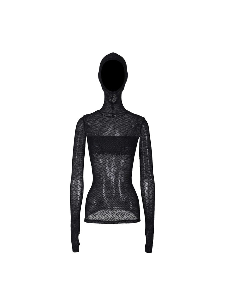 PINKSPINK ELECTRIC MOON hooded mesh top in BLACK — garment-only front.
