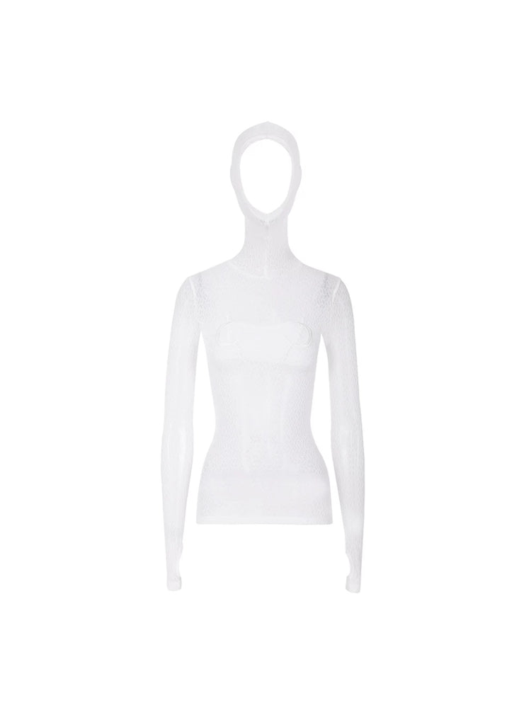 PINKSPINK ELECTRIC MOON hooded mesh top in WHITE — garment-only front.