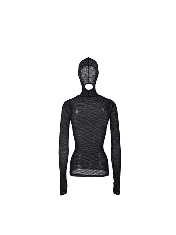 PINKSPINK ELECTRIC MOON hooded mesh top in BLACK — garment-only back.