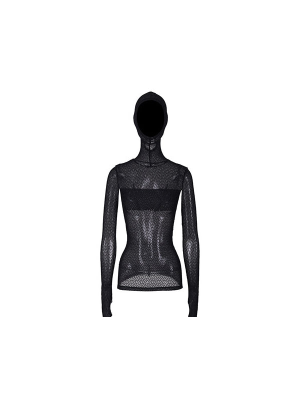 PINKSPINK ELECTRIC MOON hooded mesh top in BLACK — garment-only back.