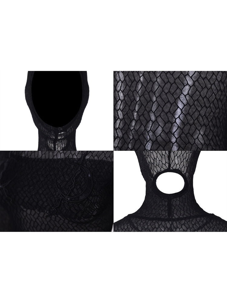 PINKSPINK ELECTRIC MOON hooded mesh top in BLACK — four-panel hood,mesh texture,moon embroidery and ponytail-opening details.