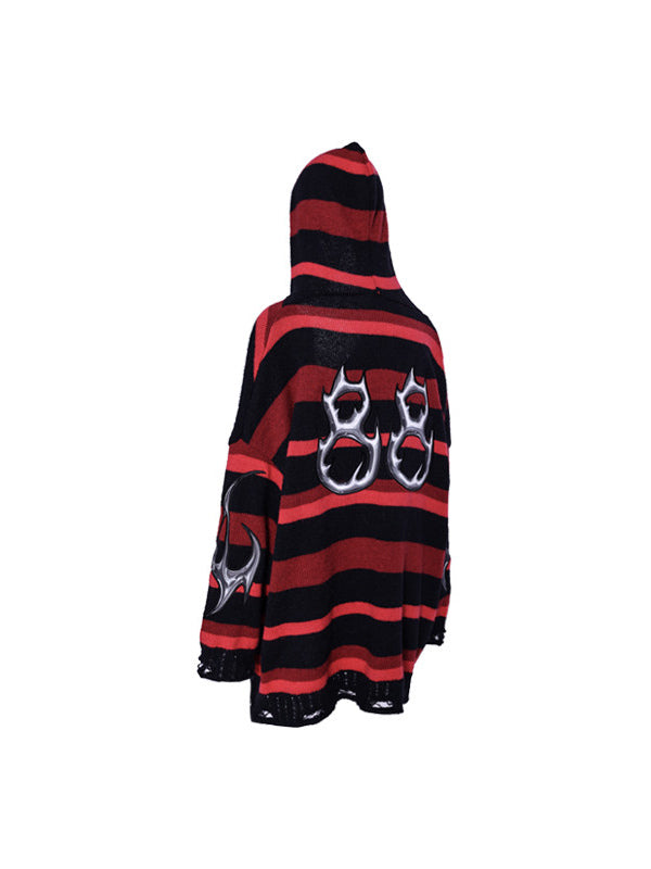 PINKSPINK ELECTRIC MOON striped hooded sweater in BLACK AND RED — garment-only rear view with hood and silver-tone 88 appliqué.