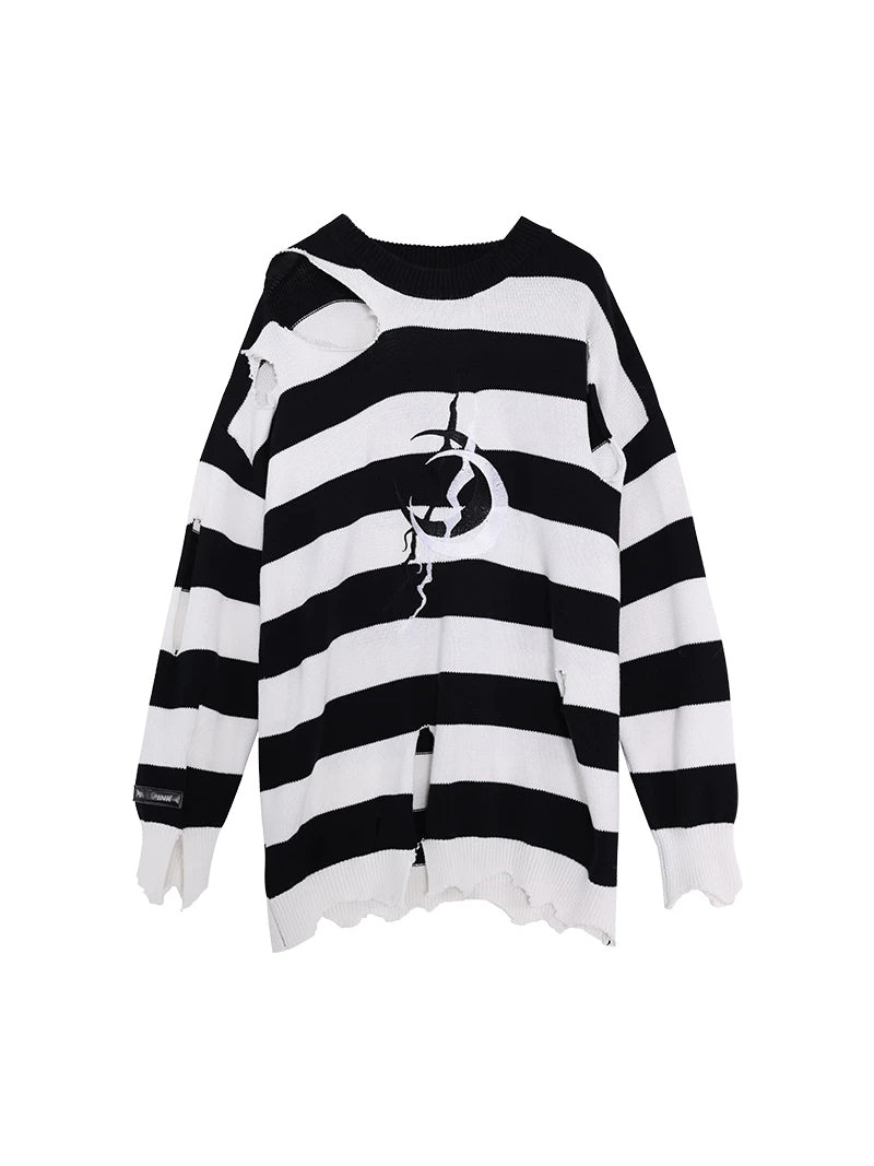 PINKSPINK ELECTRIC MOON distressed striped sweater — black white stripe solo product view