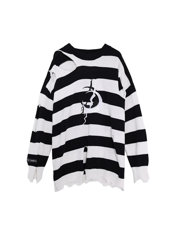 PINKSPINK ELECTRIC MOON distressed striped sweater — black white stripe solo product view