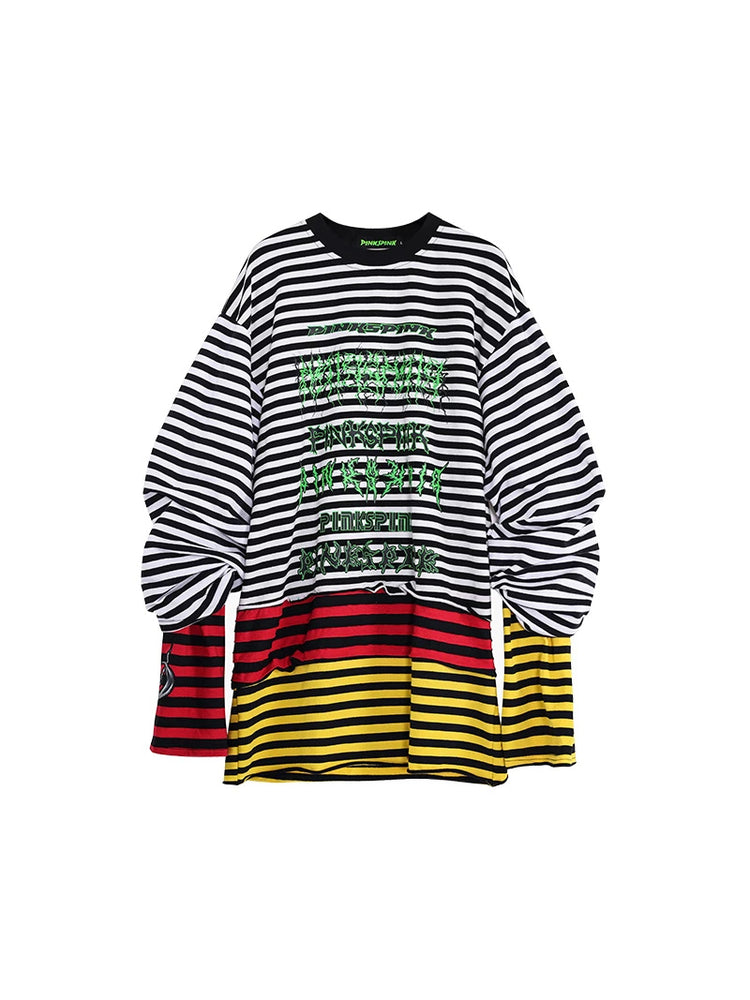 PINKSPINK STACKED STRIPES panelled long-sleeve tee — striped solo product view