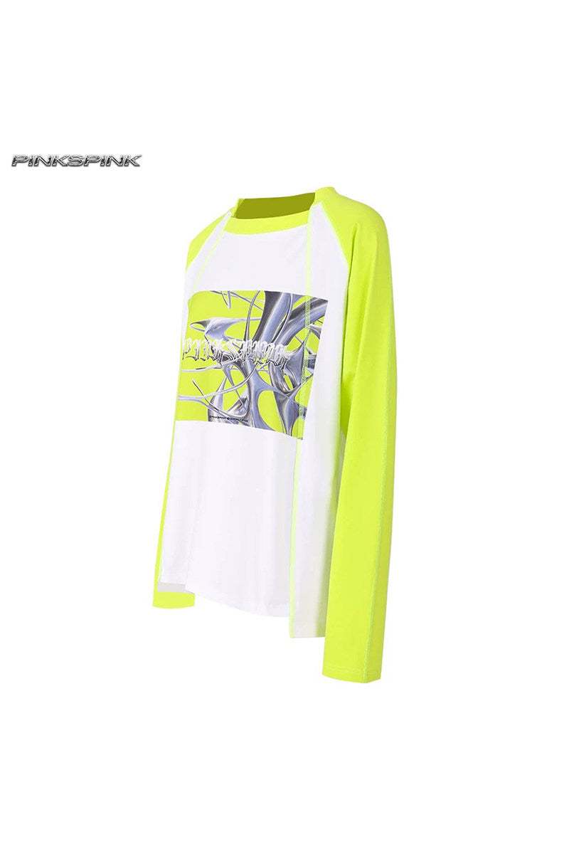 PINKSPINK REMAKE future-print raglan tee — green and white garment-only angled front view