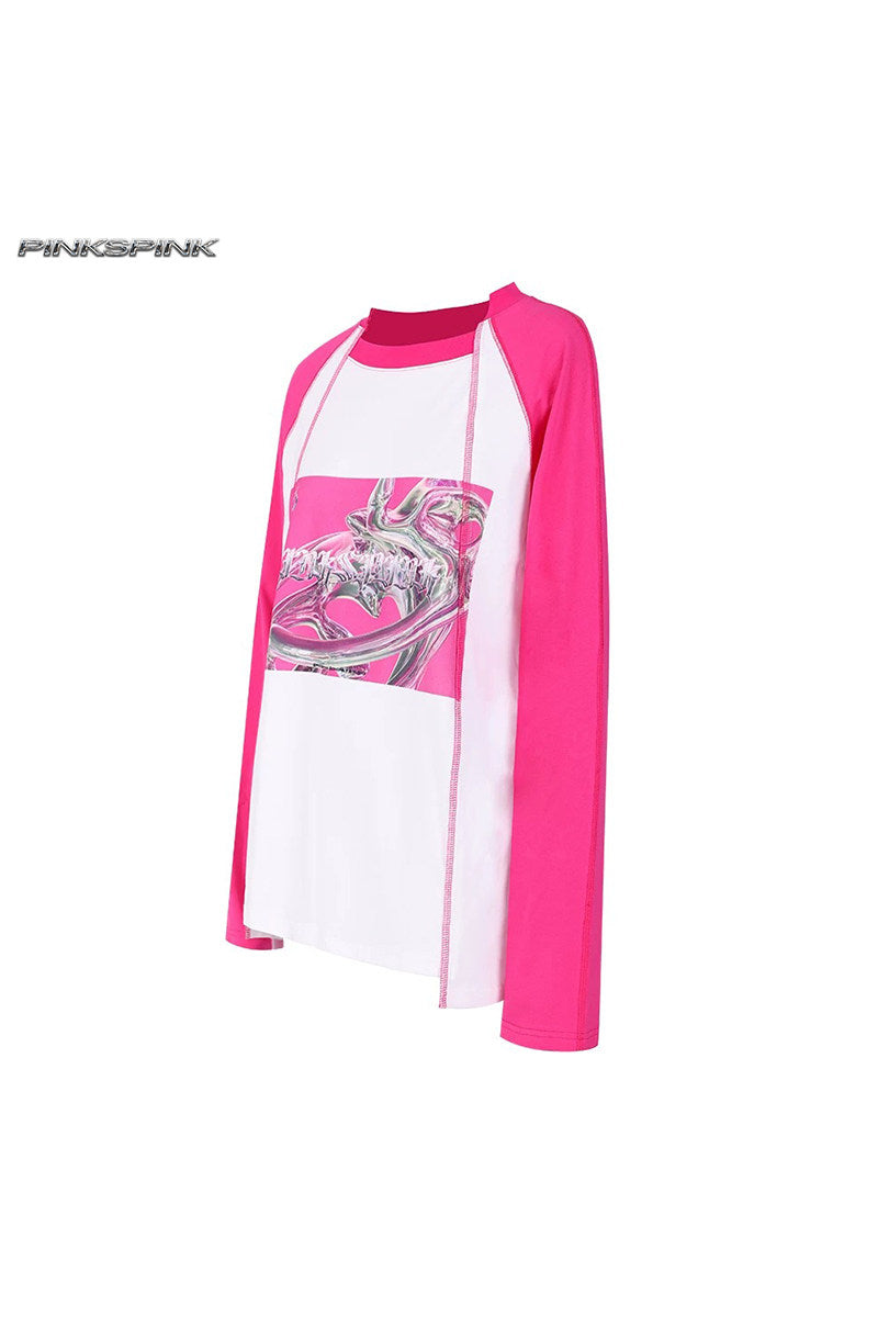 PINKSPINK REMAKE future-print raglan tee — pink and white garment-only angled front view