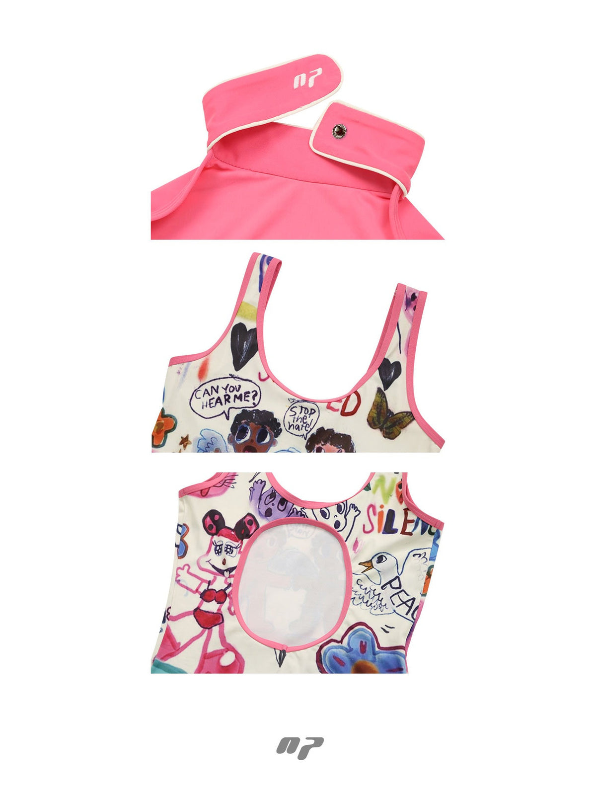NEXT PASSPORT HOT SPRING swimsuit and sleeves — close-up panel showing the neck snap, shoulder binding and oval back cutout.
