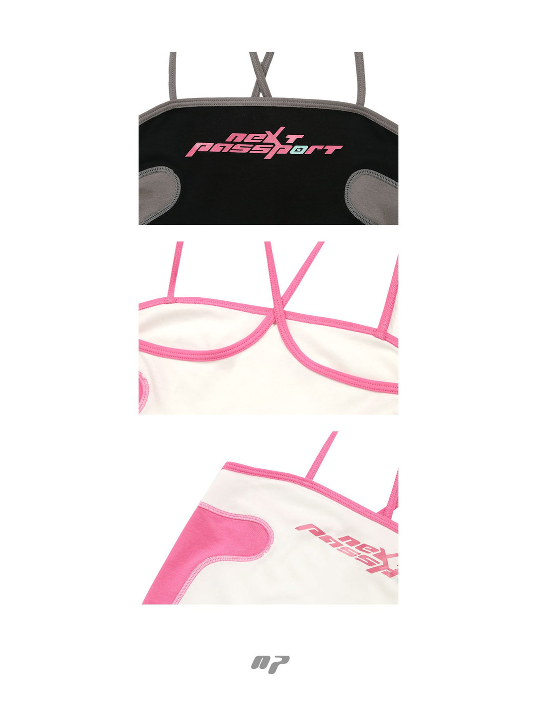 NEXT PASSPORT RETROFUTURE color-block crop camisole — garment construction collage showing the pink logo, fabric, contrast binding and curved panels.