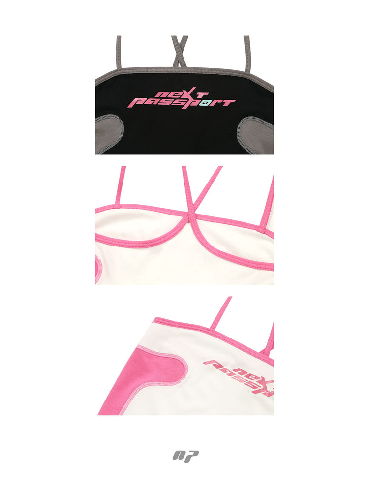NEXT PASSPORT RETROFUTURE color-block crop camisole — garment construction collage showing the pink logo, fabric, contrast binding and curved panels.