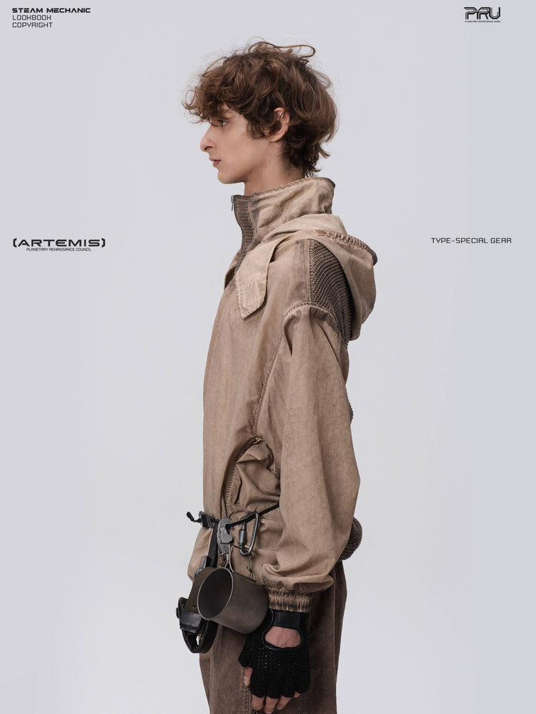 PIONEER detachable-hood mesh hoodie in mercury brown — left side modeled close-up with hood down