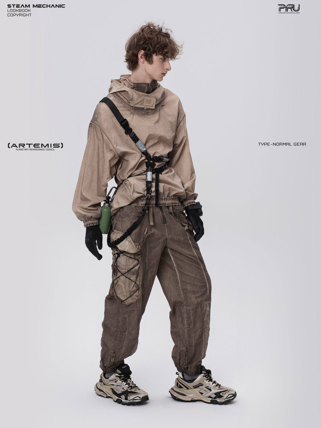 PIONEER detachable-hood mesh hoodie in mercury brown — full-length angled front modeled view with hood down