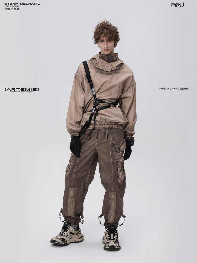 PIONEER detachable-hood mesh hoodie in mercury brown — full-length front modeled view with collar flap fastened