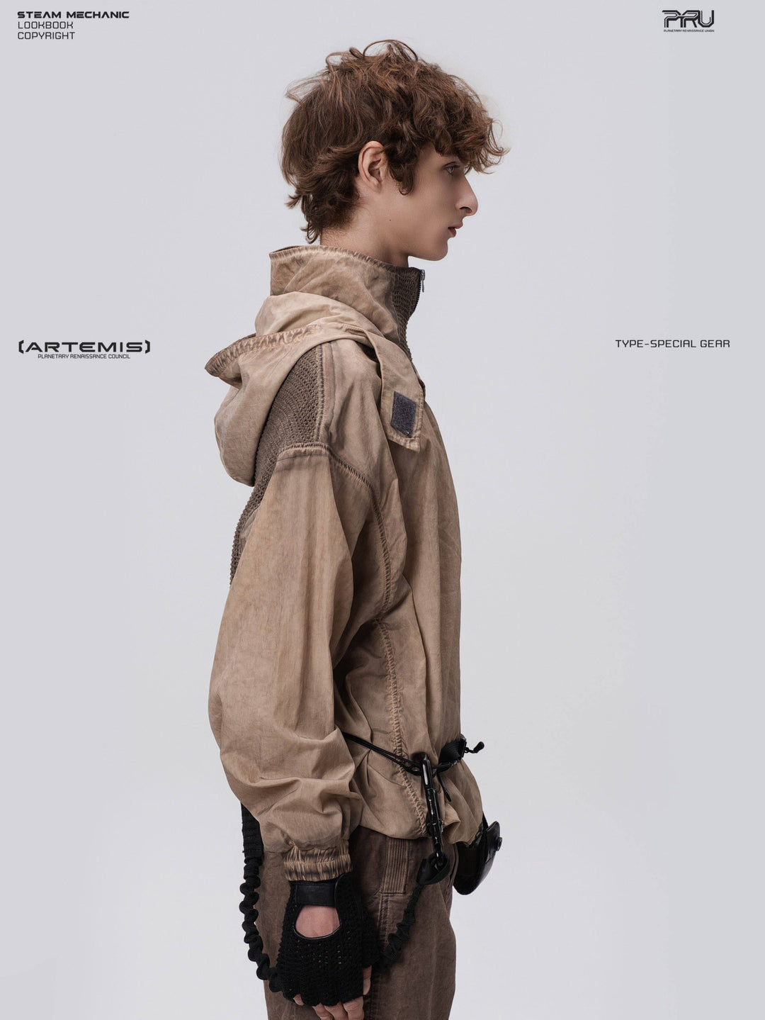 PIONEER detachable-hood mesh hoodie in mercury brown — right side modeled close-up showing the shoulder mesh