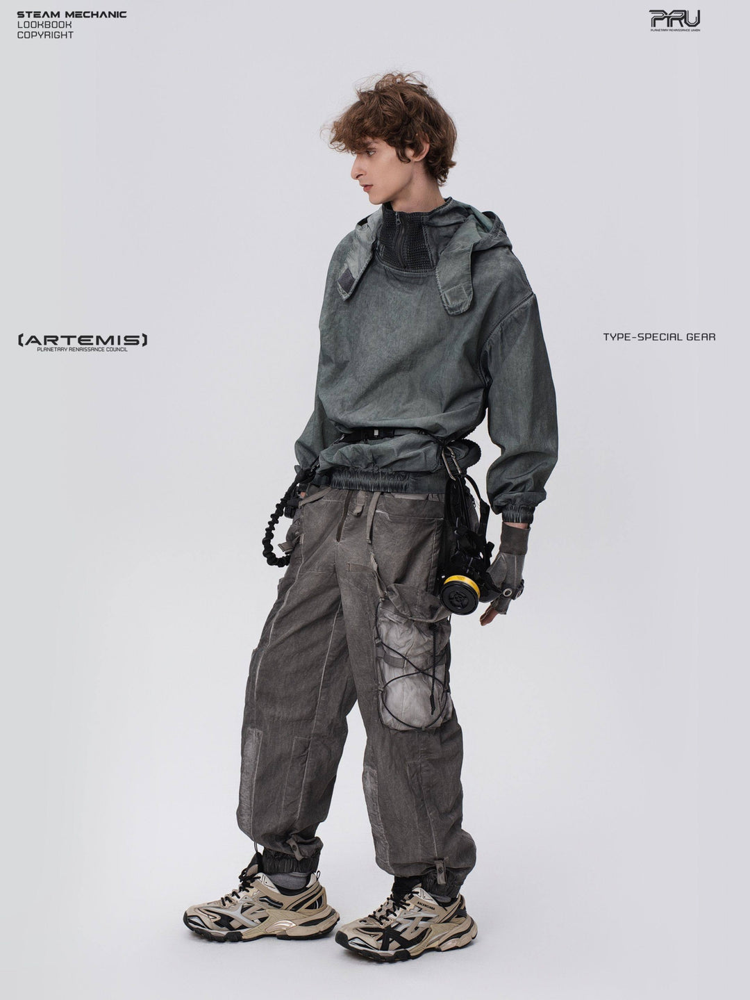 PIONEER detachable-hood mesh hoodie in moon shadow blue — full-length three-quarter modeled view with hood down