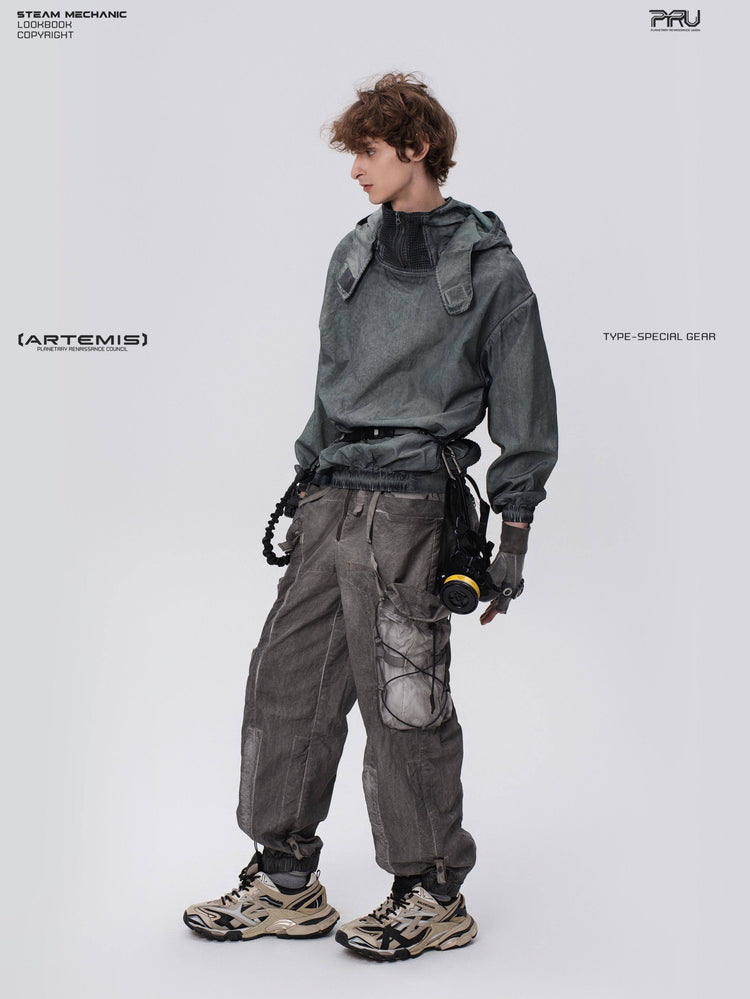 PIONEER detachable-hood mesh hoodie in moon shadow blue — full-length three-quarter modeled view with hood down