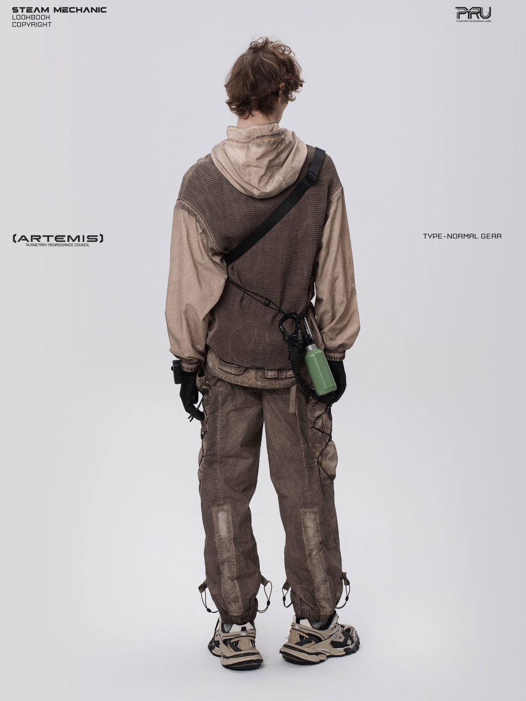 PIONEER detachable-hood mesh hoodie in mercury brown — full-length back modeled view showing the mesh panel