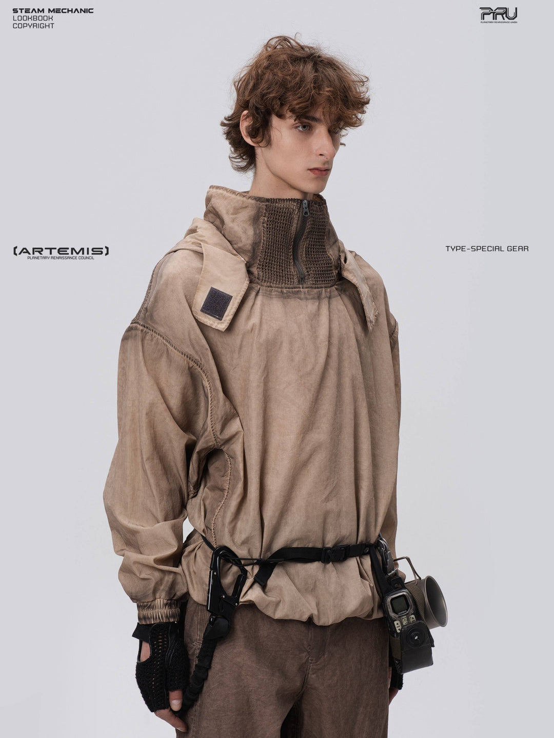 PIONEER detachable-hood mesh hoodie in mercury brown — three-quarter front modeled view showing the mesh collar