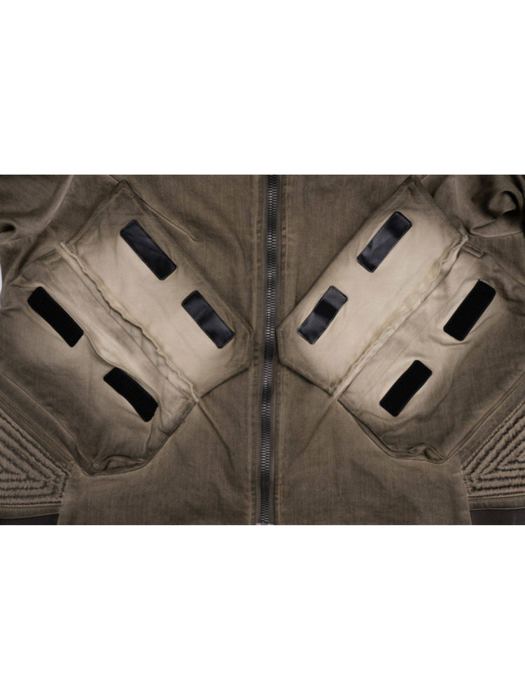 PIONEER mercury-brown detachable-sleeve jacket — close-up of the front hook-and-loop pockets