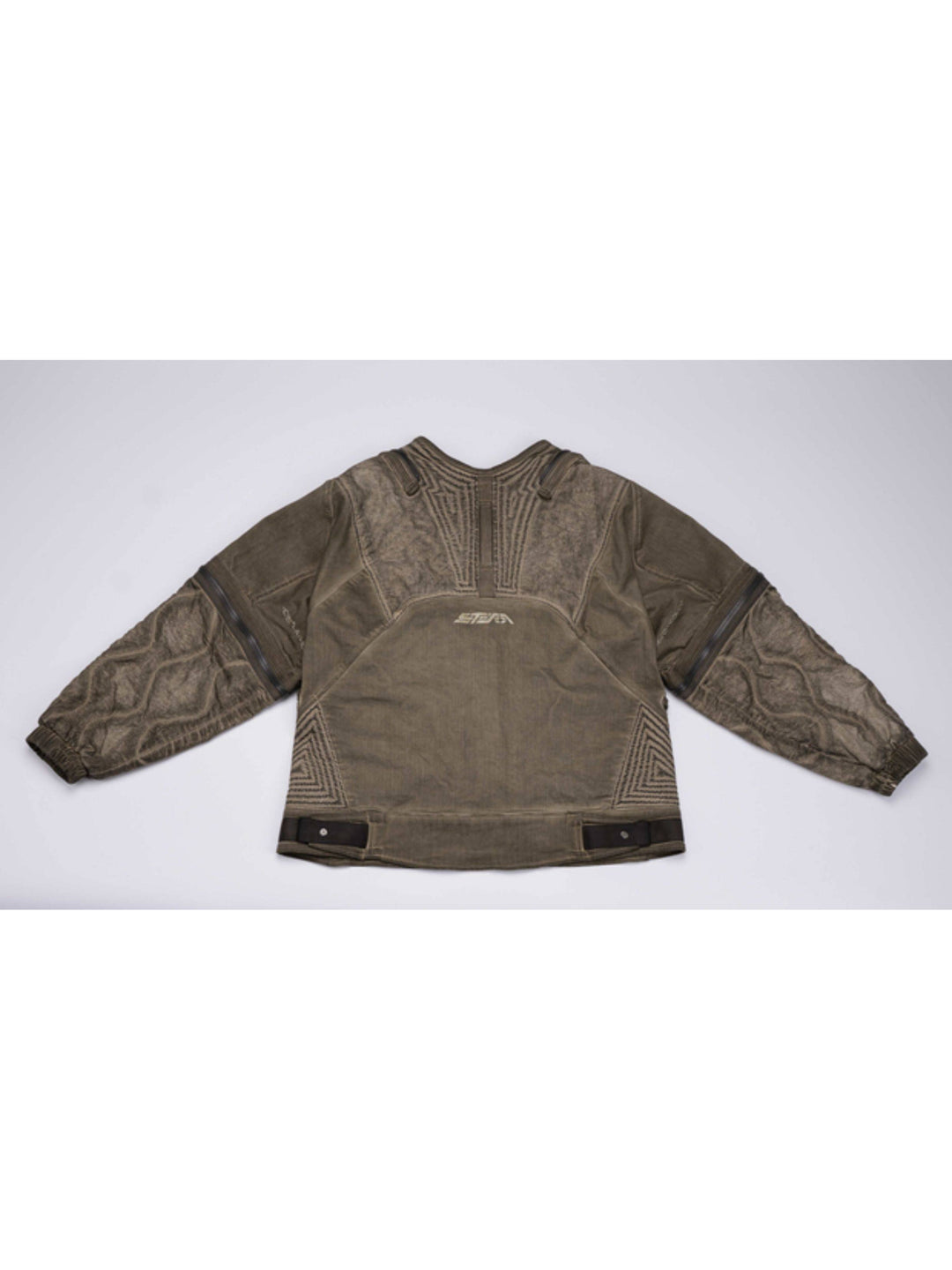PIONEER mercury-brown detachable-sleeve jacket — back flat-lay view showing the stitched rear panels