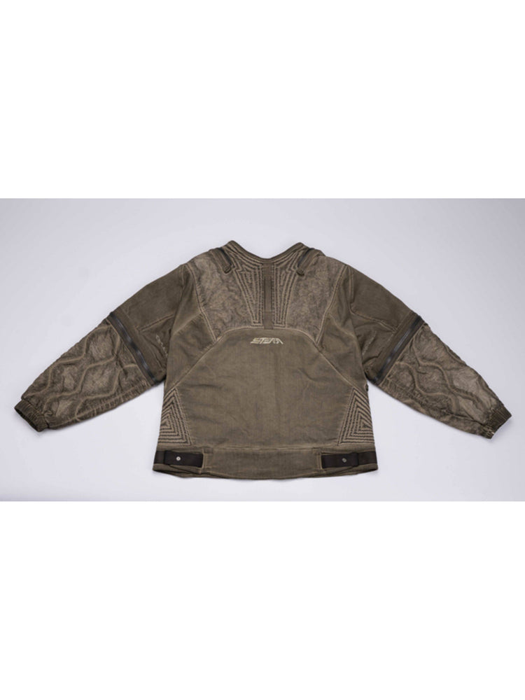 PIONEER mercury-brown detachable-sleeve jacket — back flat-lay view showing the stitched rear panels