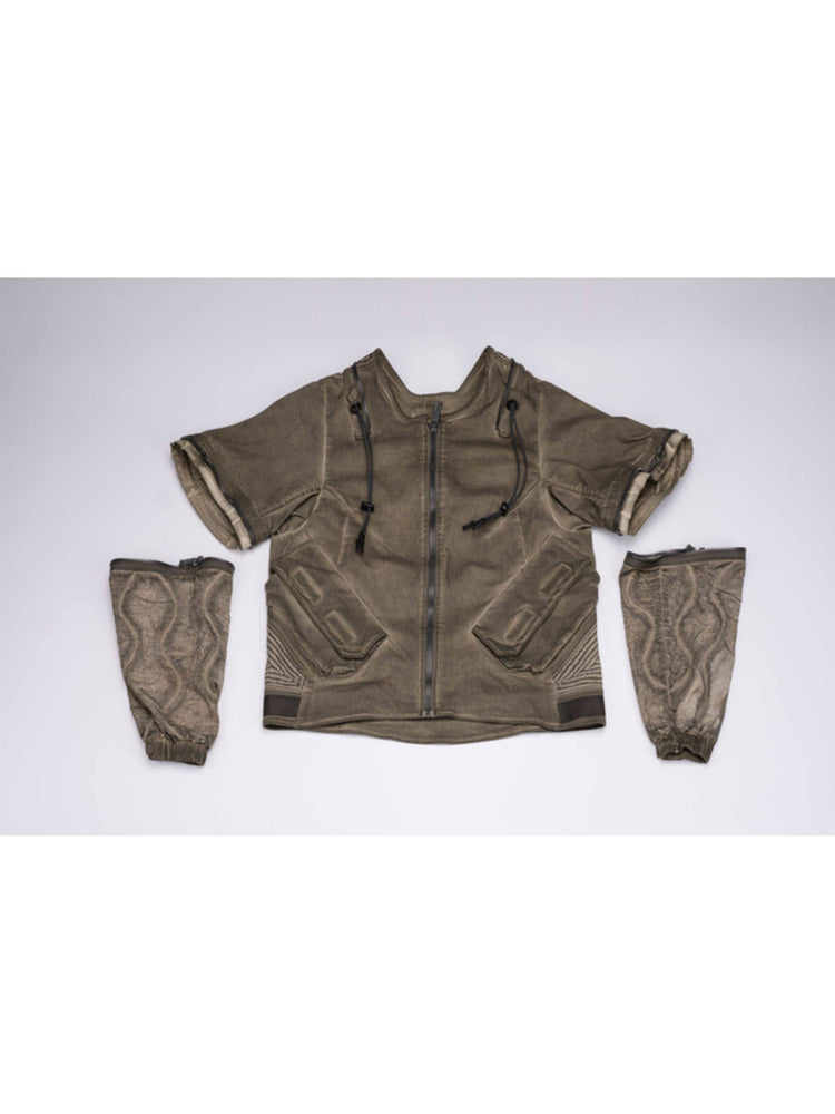 PIONEER mercury-brown detachable-sleeve jacket — front flat-lay with both lower sleeves detached