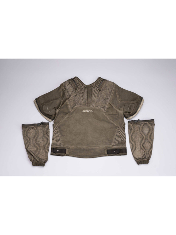 PIONEER mercury-brown detachable-sleeve jacket — back flat-lay with both lower sleeves detached
