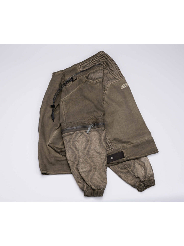 PIONEER mercury-brown detachable-sleeve jacket — folded side flat-lay showing the sleeve texture and rear logo