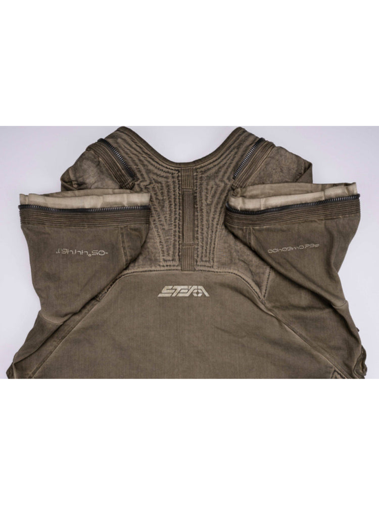 PIONEER mercury-brown detachable-sleeve jacket — close-up of the detachable sleeve opening and rear stitching