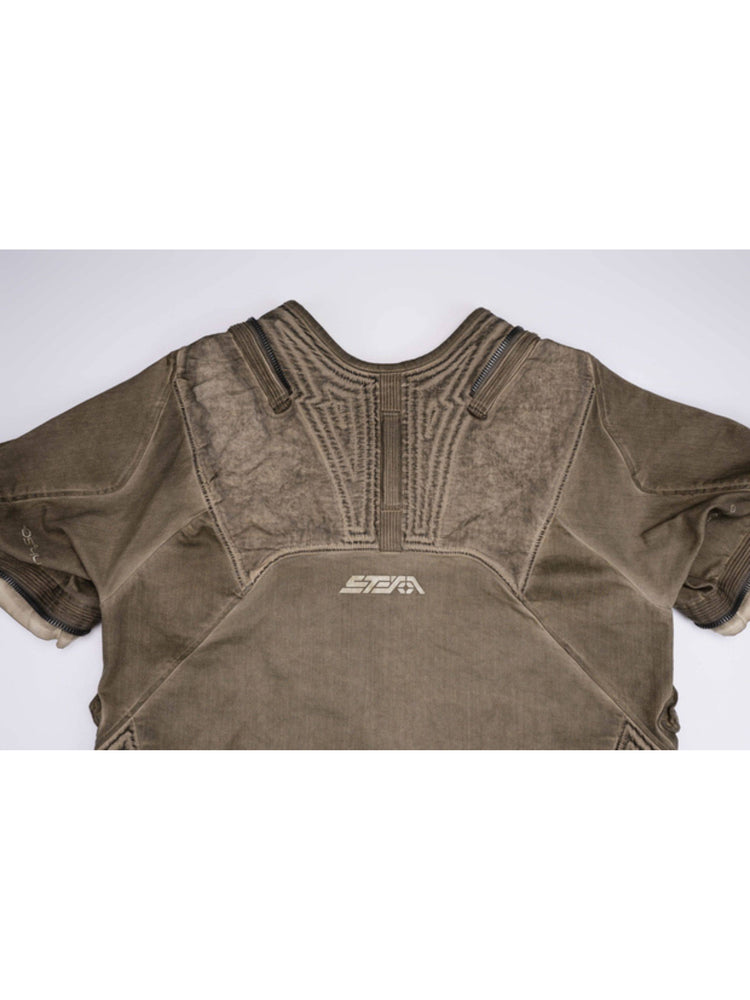 PIONEER mercury-brown detachable-sleeve jacket — close-up of the rear geometric stitching and brand logo
