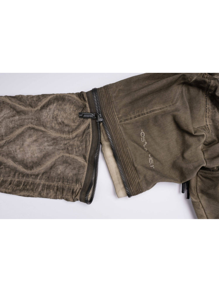 PIONEER mercury-brown detachable-sleeve jacket — close-up of the removable sleeve zipper and cuff construction