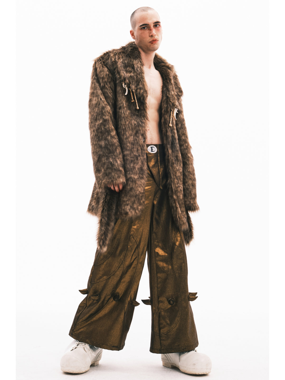 EMBRYO PRIMAL BONE mid-length faux-fur coat on male model, front view