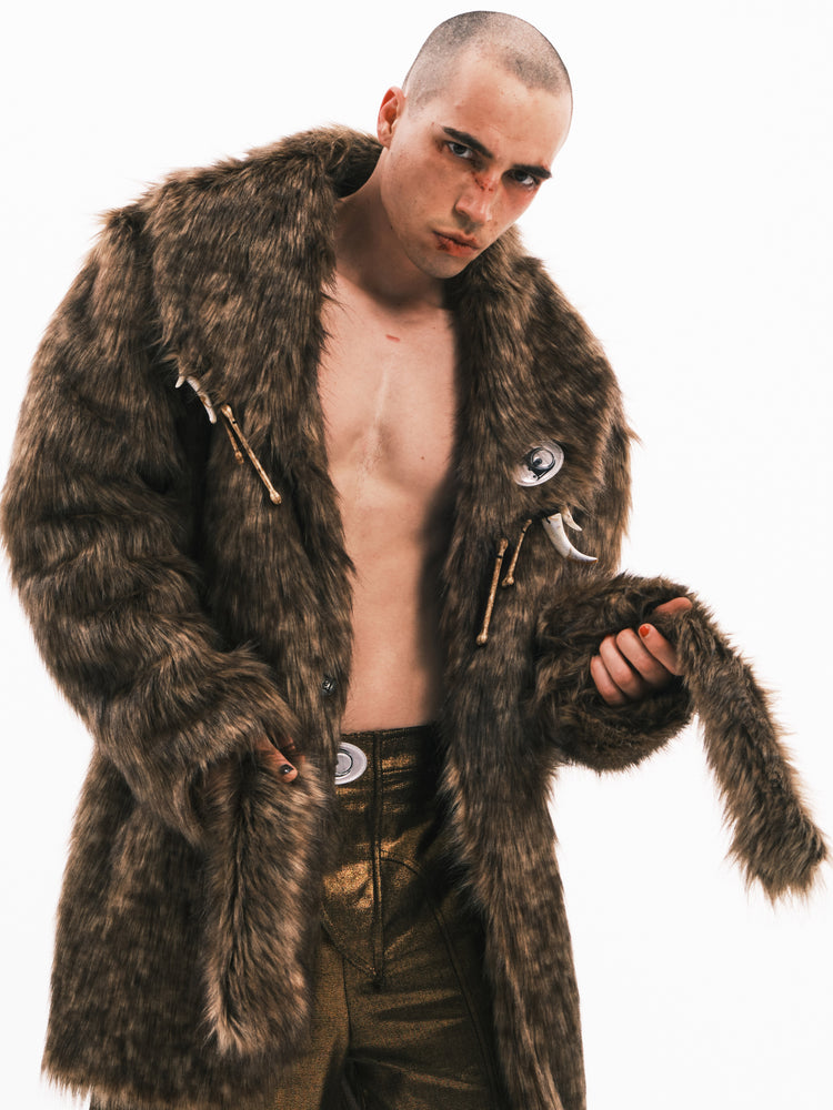 EMBRYO PRIMAL BONE mid-length faux-fur coat on male model, close-up front view