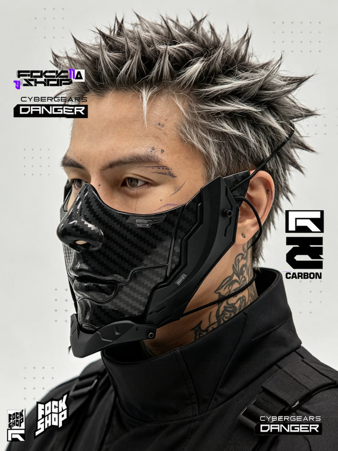 FOCKSHOP CARBON bionic face mask — spiked-hair model in a close three-quarter view
