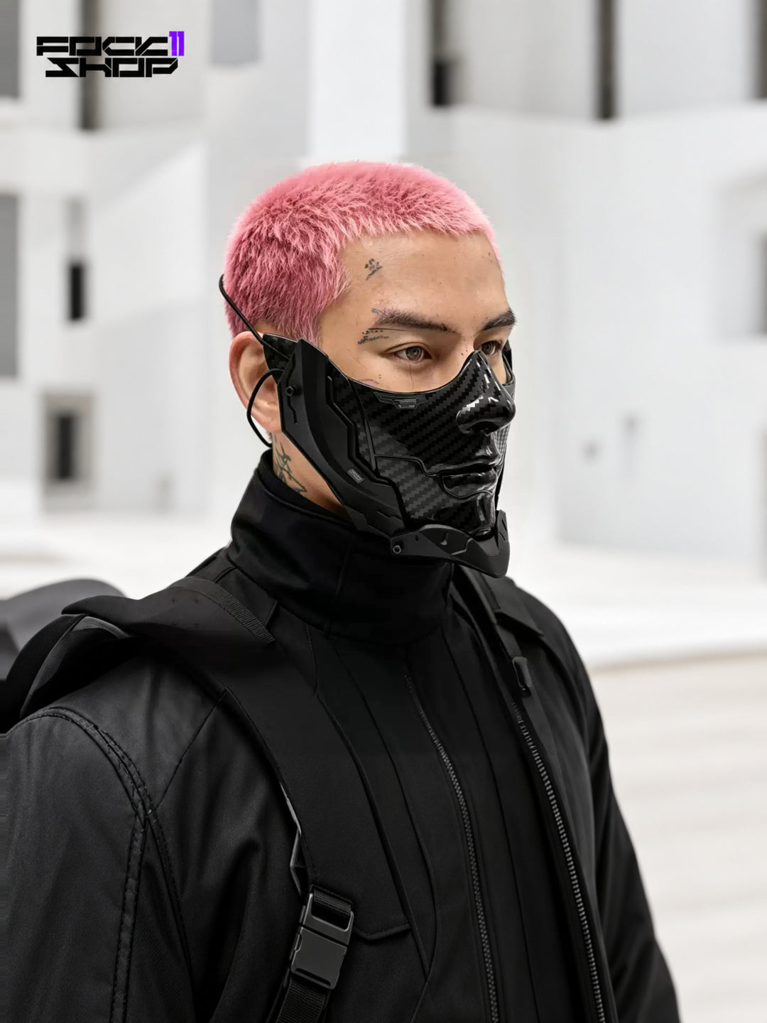 FOCKSHOP CARBON bionic face mask — pink-haired model showing the opposite cheek panel