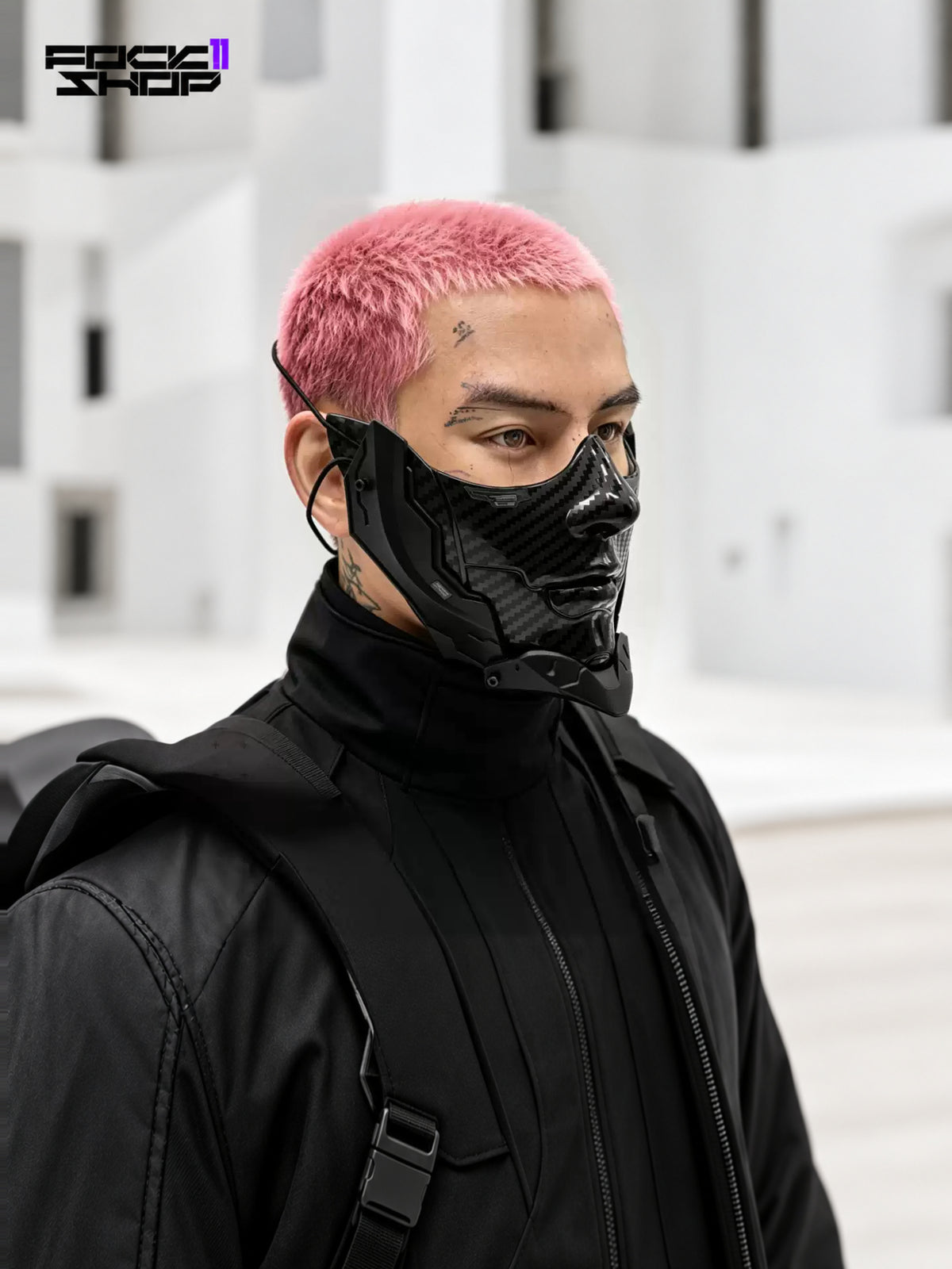 FOCKSHOP CARBON bionic face mask — pink-haired model showing the opposite cheek panel