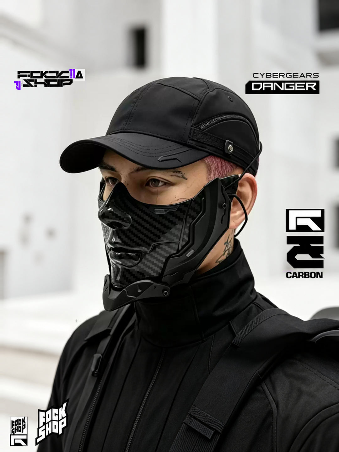 FOCKSHOP CARBON bionic face mask — capped model in a three-quarter view
